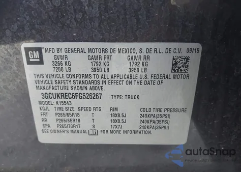 2015 Chevrolet Silverado 1500 2Lt z USA, uszkodzony, nr VIN 3GCUKREC6FG526267